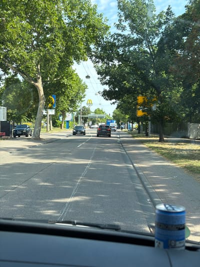 The image depicts a view from inside a vehicle looking out onto a street in Frankenthal (Pfalz), Germany. The street is paved and has lane markings. On the left side of the street, there is a sidewalk and trees lining the road. Several cars are visible on the road, including a black SUV on the left and a black sedan in the center. In the background, there are buildings, more trees, and a McDonald's sign. Overhead, power lines and streetlights are present. The weather appears to be sunny, with shadows cast by the trees on the road. A blue beverage can is visible on the dashboard of the vehicle in the foreground.