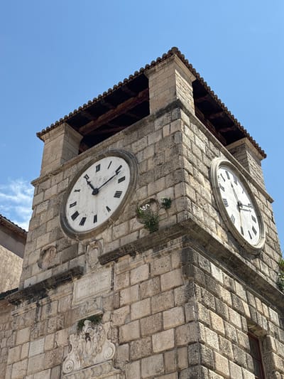 This is a low-angle, outdoor, close-up photograph of the St. Tryphon Cathedral's bell tower in Kotor, Montenegro. The tower is constructed of large, weathered stone blocks. Two large, white-faced clocks with Roman numerals are visible on adjacent sides of the tower. The clock on the left has hands pointing to approximately 10:52, and the clock on the right indicates approximately 3:54. The tower has a tiled roof supported by wooden beams. Below the left clock, there is a rectangular stone plaque with text, and a decorative carved stone crest is visible below that. Small green plants are growing on the tower wall near the clocks and crest. The background is a clear blue sky with a few wispy white clouds.