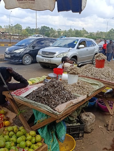 A street-side market displays piles of small dried fish on a wooden table. Nearby, oranges and other produce are offered. Cars pass on a roadway behind the market, including a black Toyota Ractis and a silver SUV. People walk along the side of the road. The market stall is shaded by an umbrella. Cans and containers sit amongst the fish.