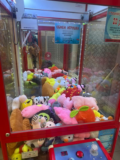 This is a medium-shot, slightly high-angle photograph of the interior of a red-and-blue plush toy claw machine. The scene is brightly lit, suggesting it is daytime or indoors. The machine is filled with a variety of plush toys, mostly in pastel colors, including bears, cats, and other cartoon-like animals. Some toys have embroidered faces and clothing, like a yellow duck with a blue hat or a white teddy bear with a checkered bow.

Visible text on signs within the machine provides details about its operation and pricing. One sign in Russian states "ОБМЕН ИГРУШЕК" which translates to "TOY EXCHANGE," indicating a feature of the machine. Another sign details pricing, mentioning "20 Р" (20 rubles) and "100 рублей - 5 игр" (100 rubles for 5 games), suggesting this is a commercial establishment. Payment methods are also listed, including "VISA" and "MIR." There's also a sign with instructions for using the machine, titled "ИНСТРУКЦИЯ ПО ЭКСПЛУАТАЦИИ УСТРОЙСТВА «ХВАТАЙКА»" (Instructions for operating the "GRABBER" device). A phone number, "+7 (911) 726-21-45," is visible, likely for customer support.

The machine's claw mechanism, made of metal and plastic, is visible towards the top left, poised to grab a toy. The overall impression is one of a fun, recreational setting, likely a mall, arcade, or amusement park in Novoselye, Russia, given the Cyrillic text. There are no people directly visible in the frame, only reflections in the glass. The focus is on the assortment of toys and the machine itself.