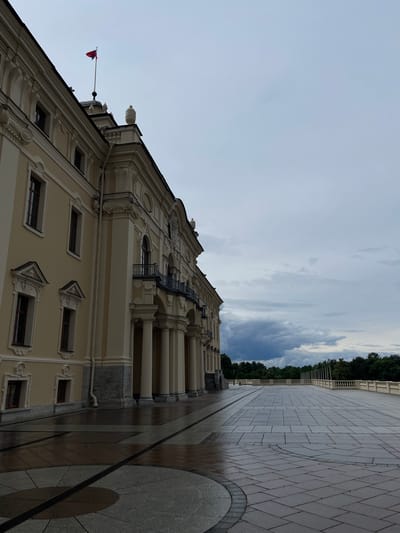 The image captures a side view of the Konstantinovsky Palace in Strelna, Russia, under an overcast sky. The pale yellow facade of the palace, adorned with classical architectural details such as columns, pilasters, and ornate window surrounds, dominates the left side of the frame. A flag, partially visible at the top, flies from a flagpole on the roof. In front of the palace is a wide, wet, tiled terrace that reflects the sky and the building. The terrace extends to the right, leading towards a line of white balustrades and decorative poles. Beyond the balustrade, a dense line of green trees forms the horizon. The ground is wet, suggesting it may have recently rained. The overall scene is one of quiet grandeur, emphasizing the architectural magnificence of the palace and its surrounding grounds.