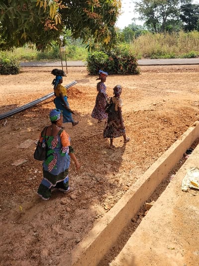 The scene depicts an outdoor, sunlit environment in Ebenebe, Nigeria, characterized by reddish-brown unpaved ground. Four adult females, dressed in traditional patterned attire, are observed walking across the terrain.
In the foreground, a woman wearing a blue, green, and orange patterned dress and a blue headwrap walks towards the right, carrying a black shoulder bag. Adjacent to her on the right, a concrete structure, resembling a shallow trench or low barrier, extends into the mid-ground.
To the left-mid-ground, another woman, clad in a yellow top, blue skirt, and blue headwrap, is walking left-to-right while balancing a dark, possibly woven, object on her head. Behind her and to the left, a stack of metallic pipes lies horizontally on the ground.
Further into the mid-ground, two additional women are walking from left to right. One wears a multi-colored floral dress and a patterned headwrap. The other, positioned slightly behind her, wears a brown patterned dress, a headwrap, and carries a small bag.
The background features a narrow paved road, beyond which dense, dry vegetation, including bushes and trees, is visible under a bright sky. A large tree with yellowish foliage and small fruits partially overhangs the scene from the left.