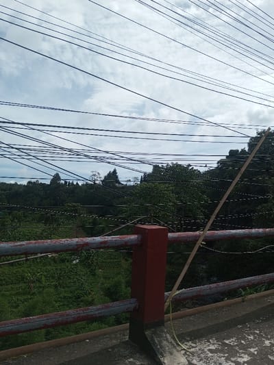 The image presents an outdoor scene in Sandamal Eliya, Sri Lanka, viewed from an elevated position. In the immediate foreground, a weathered concrete barrier supports a metal railing system. The railing consists of two horizontal bars with faded and peeling red paint, anchored by a dark red vertical support post. A thin, light-colored wooden pole, secured by a yellow cord near its base, leans diagonally against the railing, extending upwards to the right. Below the railing, a dense, verdant landscape stretches into the distance, characterized by cultivated green fields and numerous trees. Overhead and through the midground, multiple dark utility wires crisscross the frame horizontally and diagonally. The background reveals distant forested hills under a partly cloudy sky, featuring white and light-grey cloud formations. No individuals or discernible activity are present.
