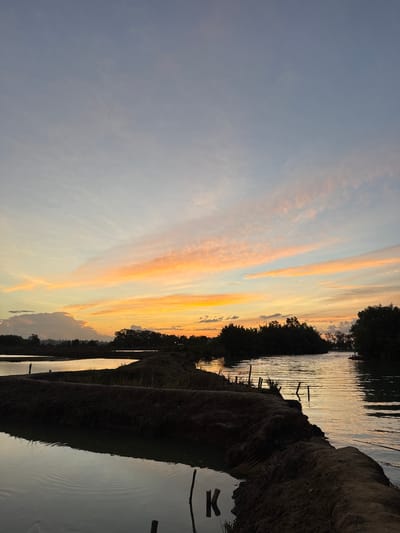 A wide-angle, eye-level shot captures a tranquil dusk scene by the water in Grong Grong Capa, Indonesia. The sky is painted with soft hues of orange, yellow, and pale blue, streaked with wispy clouds that reflect on the calm water. In the foreground, dark soil structures divide pools of water, with a single dark vertical post protruding from the water on the right. A faint "K" is visible on a dark soil embankment in the lower left quadrant of the image. The background is lined with dense, dark green foliage and trees, silhouetted against the vibrant sky.