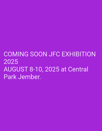 The image is a solid purple background with white text announcing an exhibition. The text reads "COMING SOON JFC EXHIBITION 2025 AUGUST 8-10, 2025 at Central Park Jember." The coordinates (-7.779, 114.135) correspond to a location in Kecamatan Arjasa, Indonesia, but the image itself does not depict any specific location or people.