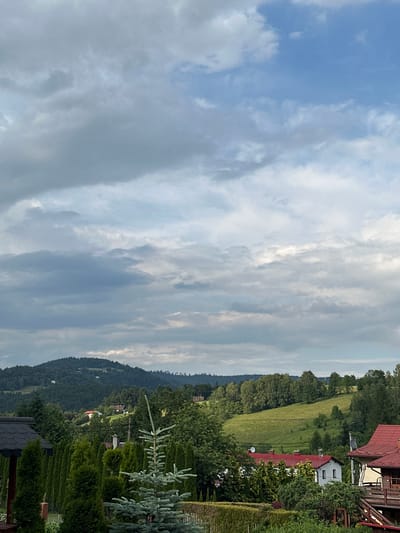 This image depicts a picturesque rural landscape, likely in the vicinity of Wisła, Poland. The foreground is dominated by lush green foliage, including several tall evergreen trees and a meticulously maintained hedge. To the left, a dark-roofed structure, possibly a gazebo or shed, is partially visible.
Beyond the immediate foreground, the scene opens up to rolling hills covered in dense forestation. The trees vary in species and shades of green, creating a textured and vibrant tapestry. Scattered throughout the landscape, several houses with red roofs can be seen nestled amongst the trees, suggesting a residential area within this natural setting.
Further in the distance, the hills transition into a larger, more prominent mountain range, its slopes also covered in dark green trees. The sky above is a dramatic composition of clouds. Large, soft gray clouds fill a significant portion of the frame, interspersed with patches of bright blue sky. The lighting suggests it could be late afternoon or early evening, with diffused light casting subtle shadows across the terrain. The overall impression is one of tranquility and natural beauty.