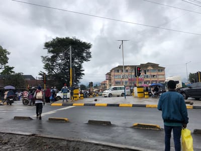 The scene is a busy intersection in Arusha, Tanzania, at the coordinates -3.362 latitude and 36.683 longitude. It is a rainy day with gray overcast skies. There is a large tree in the foreground on the left side of the image. There is a multi-story building on the right side of the image with numerous windows and a sign that reads "Gold Collins." Several vehicles are parked along the street. People are walking across the intersection and waiting for the traffic lights to change. There is a large white van parked near the center of the image. A man in a blue jacket is standing at the right edge of the image, facing the street.  A yellow traffic light is visible on the streetlight in the middle of the image, and a red traffic light is visible on the streetlight in the right side of the image. Several other traffic lights are visible, some of which are red, and some of which are yellow.  The pavement is wet from the rain.