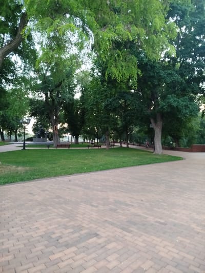 The image depicts a park scene, likely in Chernihiv, Ukraine, given the context. In the foreground, a paved walkway made of rectangular bricks curves to the right. To the left of the walkway is a well-maintained grassy lawn. In the middle ground, a large statue of a seated figure is visible on a pedestal, flanked by trees. A black lamppost stands to the left of the statue. Several park benches are placed along the edge of the lawn. In the background, more trees and a low brick wall are visible. A person is seen riding a bicycle on a path in the distance, on the right side of the image. The sky is overcast, suggesting a cloudy day. The overall impression is a serene public park.