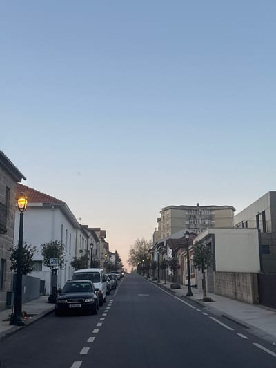 The image depicts an uphill street scene in Guimarães, Portugal, specifically Rua de São Dâmaso, observed during twilight conditions. The sky transitions from a pale blue at the zenith to a light orange-pink hue near the horizon, indicating either sunrise or sunset. No clouds are present.
The street, paved with asphalt, ascends into the distance, with a white dashed line visible on the right side, demarcating the traffic lane from the parked vehicles. Streetlights illuminate portions of the scene with an orange glow; a prominent black street lamp with an illuminated luminaire stands on the left foreground.
On the left side of the street, a line of vehicles is parked parallel to the curb, facing uphill. The closest vehicle is a black Audi sedan, with its license plate "57 GD-186" partially visible. Behind it, a white van and several other indistinct cars are parked. The sidewalk on this side is raised with a stone curb, featuring small, manicured trees planted beside street lamps. Adjacent to the black Audi is a dark parking meter or information post, and a white sign with a blue 'P' for parking is also visible. Buildings lining this side are predominantly light-colored with red-tiled roofs, the closest showing exposed stone elements and a sign that reads "PAPABOA."
The right side of the street features a mixed architectural style, including older buildings with tiled roofs and more modern structures with flat roofs and varying facades, including a section with dark cladding and balconies. Further up the street, a multi-story residential building with a beige/grey facade and numerous windows is visible. Small trees are also planted along this sidewalk. No individuals are present in the frame.