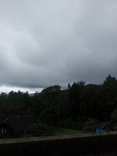 The image captures a panoramic view of a rural, mountainous landscape in Bangtsho, Bhutan, under an entirely overcast sky. The upper two-thirds of the frame are dominated by a heavy expanse of dark grey clouds, providing a dim, diffused natural light to the scene.
The midground and background consist of successive layers of densely forested hills and mountains, uniformly covered in dark green foliage, suggesting thick vegetation. The most distant peaks on the horizon appear partially obscured by low-hanging clouds or atmospheric haze, blending into the grey sky.
In the midground, a prominent reddish-brown utility pole stands vertically slightly left of center, with a dark horizontal wire extending from it. A small, irregularly shaped patch of vibrant green grass is visible among the trees towards the right side.
The foreground is occupied by a dark, weathered concrete or stone wall, running horizontally across the bottom fifth of the image, serving as the immediate vantage point. Behind this wall, two structures are visible. On the left, a dark-roofed building with brown wooden facades and a visible window frame is partially obscured by trees. On the right, a small, distinct building with brightly painted blue walls and a dark roof is situated amidst the greenery. No individuals are present, and no specific actions are depicted within the frame.