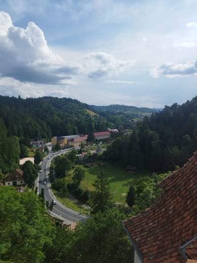 The image is a high-angle shot of a scenic landscape, likely taken from an elevated vantage point within or overlooking the city of Predeluț, Romania. The scene depicts a winding road with several cars traveling on it, curving through a valley surrounded by lush green, densely forested hills.
In the middle ground, several buildings are visible. These include a cluster of structures with red tile roofs, likely residential or institutional buildings, with one prominent yellow building and an adjacent long building with a red roof. A large, multi-story building with a red roof and many windows is also present. Scattered throughout the valley are smaller buildings, some with dark roofs, possibly sheds or outbuildings, set against green fields.
The foreground is dominated by the textured, reddish-brown tile roof of a building, suggesting the viewpoint is from a similar structure. The background reveals rolling hills covered in dense forest, with a hazy sky overhead featuring scattered white clouds and some brighter areas indicating sunlight. The overall impression is a tranquil, rural setting integrated with the natural beauty of the mountainous terrain.