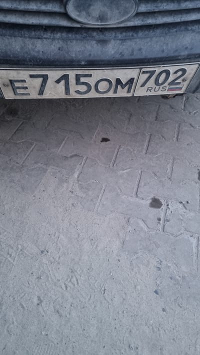The image shows a close-up of a vehicle's license plate, which is partially obscured by the side of the car. The license plate is white with black lettering and numbers. The visible text reads "E715OM 702" and "RUS". The license plate appears to be mounted on the front of a car, indicated by the grilles visible to the left of the plate. The background is a grey, textured surface, possibly pavement or a sidewalk, with some small dark spots that could be oil stains. The lighting suggests it is daytime, and there are no clear indicators of specific weather conditions. The scene appears to be an outdoor setting in Megion, Russia, as indicated by the "RUS" text on the license plate and the provided location context. No people or specific events are visible.
