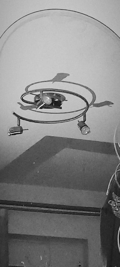 The image is a black and white photograph showing a ceiling light fixture. The fixture has a swirling design and two adjustable spotlights. One spotlight is closer to the camera, while the other is further away, partially obscured by the fixture's design. The light source from the fixture casts shadows on the ceiling. The background is a textured surface, possibly a wall or another part of the ceiling. The image is grainy, suggesting it was taken with low light or in a dark environment. There are no people visible in the image. This image does not provide any information that can be used to determine its location in the city of Winnenden, Germany.