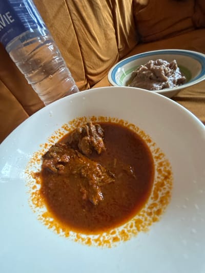 A white bowl contains meat in a thick, reddish-brown sauce. Next to it, a smaller bowl holds a gray, lumpy substance. A partially visible bottle of water lies alongside the bowls. The background appears to be a gold-colored upholstered surface, possibly a sofa or cushioned chair.