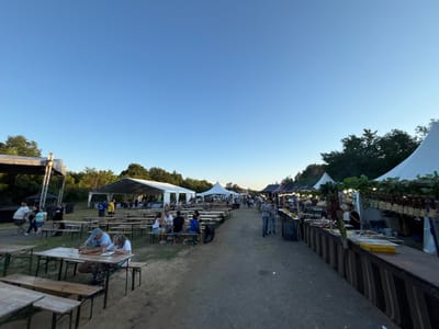 This media file depicts an outdoor festival scene under a clear, blue sky, suggesting it is daytime, likely late afternoon or early evening as the light is soft and shadows are lengthening. The setting appears to be a park or open field, with numerous tents erected for various vendors and event spaces. Rows of picnic tables and benches are spread throughout the area, some occupied by people.

The primary subjects are groups of people engaging in festival activities. Some are seated at the tables, eating or conversing. Others are standing, walking along a dirt path, or browsing at vendor stalls. The atmosphere seems relaxed and convivial, typical of a community gathering or fair.

Objects visible include a stage structure on the left with lighting equipment, various tents of different sizes and designs, picnic tables, benches, and food stalls. The food stalls on the right are particularly detailed, displaying food items and decorated with string lights and what appear to be grapes or similar hanging decorations.

The event appears to be a festival or fair, possibly a food festival, given the prominent food stalls. The presence of a stage suggests potential musical performances or other entertainment.

Notable details include the clear blue sky and the overall organized layout of the event, with distinct areas for seating, vendors, and possibly entertainment. The overall emotion conveyed is one of leisure and enjoyment. No visible text is discernable in the image. The location context provided is Lyaskovets, Bulgaria.