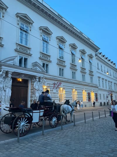 The image shows a horse-drawn carriage parked on a cobblestone street in front of a large white building with ornate details and many windows. The building is located at 48.207 latitude and 16.367 longitude, which corresponds to the address **Burgtheater, Universitätsring 2, 1010 Wien, Austria**. Two people are seated inside the carriage. There are two horses pulling the carriage, and one is facing the camera. There are a few people walking in the street and standing near the carriage. The building is lit up with lights, and the sky is a pale blue with a hint of orange in the distance.  The overall scene is one of a quiet evening in the city.
