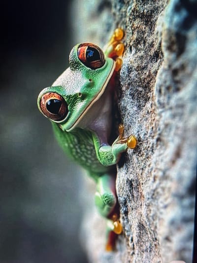 A close-up, vertical shot captures a vibrant green frog clinging to a textured gray surface, likely a rock or tree bark. The frog's large, striking eyes are a focal point, with reddish-orange rims and dark pupils that reflect some light. Its body is a bright, almost lime green, with hints of purple visible on its underside. Small, bright orange pads are visible on its toes, aiding its grip. The background is blurred, creating a shallow depth of field that emphasizes the frog. The lighting is somewhat dramatic, casting shadows that highlight the textures of the frog's skin and the surface it's on. There is no indication of the city of Shcherbanka, Ukraine, within this image.