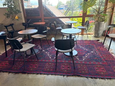 A wide shot captures the interior of a modern cafe or restaurant, situated in Krasnaya Polyana, Russia, characterized by its large windows offering a view of lush greenery and mountainous terrain. The flooring is a polished concrete, complemented by a large, intricately patterned Persian rug in shades of deep red, blue, and purple.
Scattered across the rug are several round tables with speckled grey tops and black metal bases, each accompanied by black-framed chairs with grey upholstered seats. In the foreground, a chair is angled towards the viewer, its grey seat and black frame distinct. To the left, a large potted plant with dark green leaves and prominent aerial roots adds a touch of nature indoors. Adjacent to it, a smaller plant with lighter green foliage and a glowing yellow lamp at its base stands in a grey pot.
The background features more of the cafe's seating arrangement, with tables and chairs visible, some partially obscured. The large windows showcase the outdoor environment, with trees, buildings, and distant hills under a bright sky. The architectural style of the building visible through the windows suggests a rustic yet modern design. A large silver textured pot containing a plant and a red fire extinguisher are also present near the window. The overall scene conveys a relaxed and inviting atmosphere.