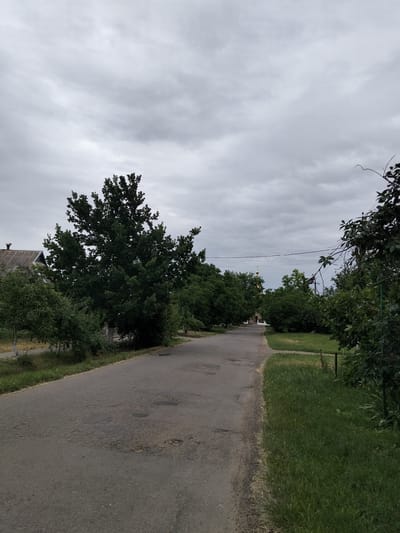 The image depicts a rural road in Biliaivka, Ukraine, under an overcast sky. The road, characterized by its worn asphalt surface with visible potholes, stretches into the distance. Lush green trees and vegetation line both sides of the road, with a residential building visible on the left. In the background, a golden-domed church stands as a prominent landmark. The scene is quiet and serene, suggesting a peaceful setting.