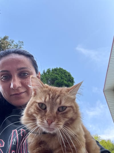 An outdoor, eye-level, medium shot captures a woman holding an orange cat against a backdrop of a bright blue sky and some greenery. The woman, with dark hair pulled back, is looking towards the camera with a slight smile. The orange cat, positioned in front of her, is also looking towards the camera. Behind them, a dense green tree is visible on the left, and the edge of a white-sided building with a red trim is on the right. The image appears to be taken in Vesyoloye, Russia.