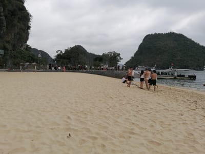 The image presents a vibrant beach scene at Ti Top Island in Ha Long Bay, Vietnam, under an overcast sky. In the foreground, a wide expanse of light-colored sandy beach dominates, showing numerous footprints and undulations from recent activity. Several individuals, some in swimwear and others in casual clothes, are visible near the water's edge on the right, either walking towards or away from the calm, dark water where a few boats are docked.
Behind the beach, a paved promenade runs along the base of a lush, tree-lined embankment. A small, red and white soccer goal is positioned on the left side of this paved area, hinting at recreational use. Along the promenade, groups of people are scattered, some seated or gathered, while others walk. A partially visible sign on the far left clearly displays "ĐẢO TI TỐP," which translates to "Ti Top Island," confirming the specific location.
In the middle ground, several passenger boats or tour vessels are moored or docked, one of which prominently flies the red and yellow Vietnamese flag. The background is characterized by the iconic, verdant karst mountains and islets typical of Ha Long Bay. A distinctive large white statue of a person is visible on a distant, tree-covered hill, overlooking the bay. The sky is uniformly gray and cloudy, indicating overcast weather throughout the daytime scene, providing a soft, diffused light across the landscape and the water. The overall impression is of a popular tourist destination where visitors enjoy the beach and boat tours amidst the stunning natural scenery.