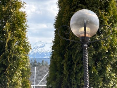 The scene depicts an outdoor environment in Murzasichle, Poland, viewed in daylight. In the immediate foreground, positioned right of center, stands a dark-colored ornamental lamppost featuring a spiraling, twisted shaft and a spherical, ribbed, transparent light fixture that exhibits condensation or water droplets on its surface. The fixture appears to be internally lit. Flanking the central view are two rows of tall, dense, green evergreen trees, possibly Thuja species, with the tree on the right partially obscuring the lamppost. Between these trees, a white chain-link fence is visible in the mid-distance. Beyond the fence, a line of darker evergreen trees precedes a prominent snow-capped mountain range in the far background. The sky above is partly cloudy. No individuals are present.