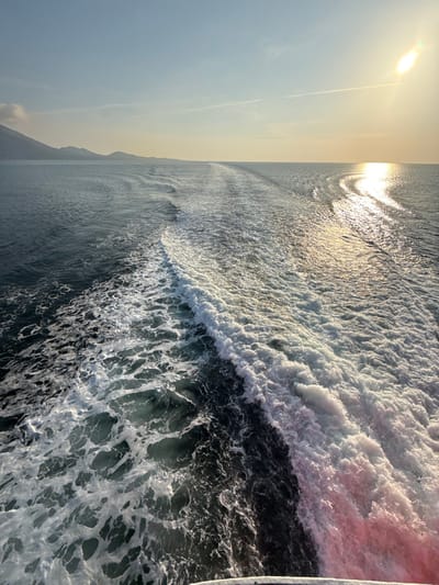A broad stern view from a moving vessel depicts its wake across open water near Palaiopoli, Greece. The wake forms a wide, turbulent trail of white foam and disturbed dark blue-green water extending from the foreground towards the distant horizon. A low-lying sun in the upper right quadrant casts a prominent golden reflection diagonally across the water surface, shimmering within and adjacent to the wake. Hazy, mountainous land is visible along the left horizon. The sky above is light blue and mostly clear. A small, white structure, possibly a railing or hull section, with a faint reddish tint on its underside, is present at the bottom edge of the frame. No individuals or specific objects are identifiable on the water or land.