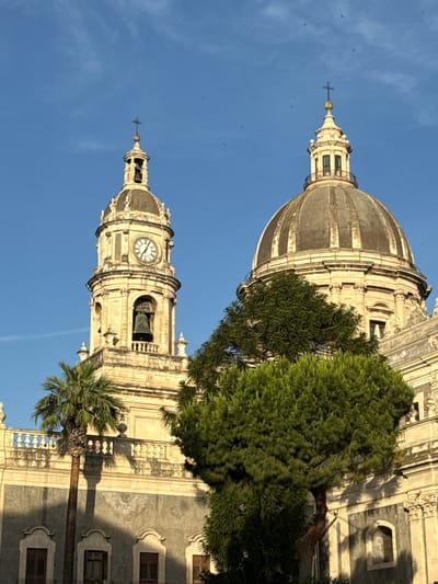 The image, when correctly oriented, showcases a majestic architectural scene under a clear blue sky, likely in Catania, Italy. Dominating the view are two grand structures, characteristic of a cathedral or large church.
On the left, a large, weathered dome rises prominently, topped with an ornate lantern and a small cross. Dense green foliage, possibly from a large tree, partially frames and obscures the lower part of this dome. To the right, a tall, intricately detailed bell tower stands, featuring a circular clock face with Roman numerals ("XII," "III," "VI," "IX" visible) and a large bell suspended within an arched opening below the clock. This tower is also crowned with a smaller dome and a cross.
A tall palm tree is visible in the foreground on the right, its fronds extending upwards, partially obscuring the bell tower and a multi-story building facade with windows. The bright sunlight casts distinct shadows on the architectural elements and foliage, suggesting a clear day in the late morning or early afternoon. The sky is a vivid blue, with scattered small dark specks, possibly birds. The architectural style, marked by ornate detailing and grandeur, combined with the presence of palm trees, provides strong cues to its Mediterranean setting in Catania. There is no discernible human activity or additional text beyond the clock face.