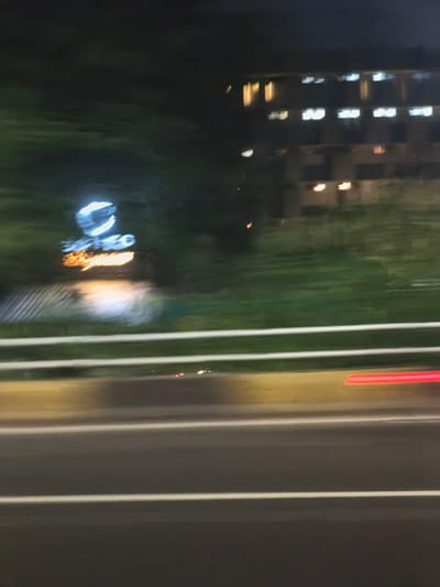 The image captures a blurry, motion-streaked view of an urban nighttime scene, likely taken from a moving vehicle. In the background, a building with multiple illuminated windows suggests a commercial or residential structure. In the mid-ground, a neon sign is visible, with a prominent blue circular logo above a more abstract, fiery orange illuminated element. The sign appears to be for "SAESEC" or a similar transliteration, with the blue element possibly representing the letter 'S' or a stylized depiction of an eye. Green foliage, also blurred by motion, forms a backdrop for the sign. In the foreground, a road with white lane markings is visible, with a yellow barrier separating it from the area where the sign is located. A red light streak, likely from another vehicle's taillight, is present on the right side of the frame. The overall impression is of a transient, fast-paced view of a city at night. The specific mention of South Jakarta, Indonesia, is not directly inferable from the visual content of the image itself but is provided as context.