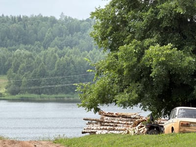 In the city of Uralskoye, Russia, on an overcast day, a scene unfolds by a tranquil body of water. The foreground is a grassy slope leading down to a dirt path, with scattered blades of grass and a few small weeds. To the right, a pile of freshly cut birch logs rests on the ground, their white bark peeling in places. Beside the logs, a light-colored, mud-splattered sedan is parked, its rear visible, displaying a license plate that reads "y98". A black ATV is also partially visible behind the logs. Beyond the immediate foreground, the water of a lake or river stretches out, its surface rippling gently. In the background, a dense forest of green trees covers a hillside, with a hazy, muted sky overhead. Several power lines are strung across the landscape in the middle ground, partially obscured by the foliage. The overall impression is one of rural remoteness, with elements of both nature and human activity present in the scene.