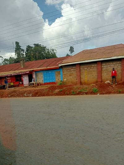 The image depicts a street scene in Karatina, Kenya, under an overcast sky. The foreground is dominated by a grey asphalt road, slightly blurred as if captured from a moving vehicle. Along the roadside, a raised bank of reddish-brown earth separates the road from a series of single-story buildings.
On the far left, a person wearing blue stands near a red-painted building with a corrugated iron roof. Visible text on this building includes "AIRTEL" and "M-PESA," indicating it likely functions as a mobile money and communication service point. A small wooden table or bench is placed outside, and another individual is seated within the building. Adjacent to this structure is a building featuring a distinctive bright blue window frame.
Further to the right, a building with a tiled, reddish-brown roof and exposed brick walls stands. A young man, dressed in a bright red top and dark trousers, stands casually against its wall on the far right. In the background, tall green trees rise against the cloudy sky. Multiple power lines or telephone wires stretch across the upper part of the frame. The scene captures a typical daytime view of a semi-urban or rural environment, characterized by functional structures and local activity. The time of day appears to be daytime, with significant cloud cover.
