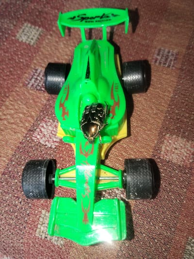 The image shows a green toy race car with black tires, a yellow chassis, and red flame decals. A dead beetle, possibly a scarab beetle, is positioned on top of the car's engine cover. The car is on a patterned rug. The image was taken in Ақадыр, Kazakhstan, and the car is an object of interest. There are no people or actions depicted. The environment is indoor, with the rug suggesting a domestic setting.