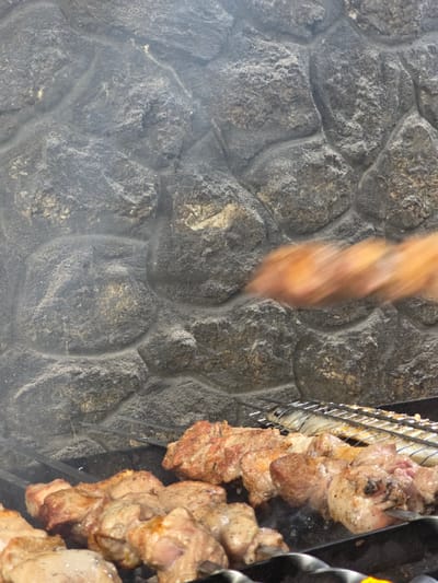 In Pidhorodne, Ukraine, an outdoor grill is being used to cook various meats on skewers and a whole fish in a grilling basket. The background features a textured stone wall. Smoke is rising from the grill, indicating active cooking. The meats on the skewers appear to be cubed and are browning, while the fish is positioned in a wire basket on a higher rack. The scene captures a moment of food preparation in an outdoor setting.