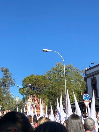 A view of a street procession in Córdoba, Spain, on a bright sunny day. People in white conical hats, called "Nazarenos", walk alongside a religious float. The float appears to be decorated with gold and candles, displaying religious figures. A crowd of onlookers is visible, with trees and buildings lining the street. Streetlights and traffic signs are positioned along the route.