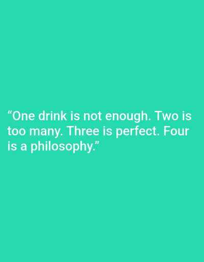 The image contains a quote on a solid teal background. The quote reads: "One drink is not enough. Two is too many. Three is perfect. Four is a philosophy." The text is white and centered on the screen. The background is a uniform teal color. There is no information in the image that would place it in Kępno, Poland.