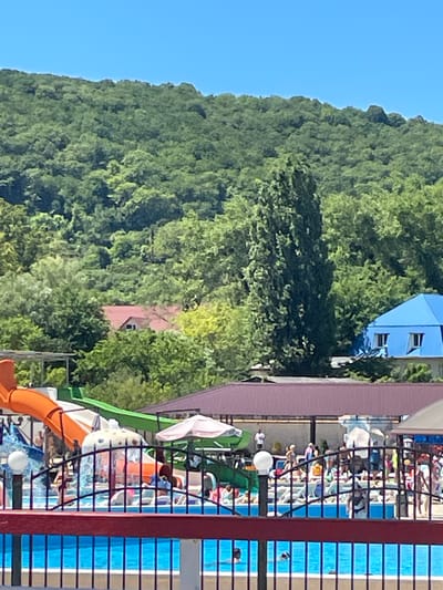 The image shows a sunny day at a water park in Dzhubga, Russia. In the foreground, a bright blue swimming pool is visible, bordered by a red and black fence. Beyond the fence, there are people relaxing on lounge chairs, and a large waterslide complex with orange and green slides is present. A large, tall tree stands out among the lush green foliage of the forested hills that form the background of the scene. A blue, geometric-shaped building with windows is visible on the right side of the image, also nestled amongst the trees. Several umbrellas provide shade around the pool area.