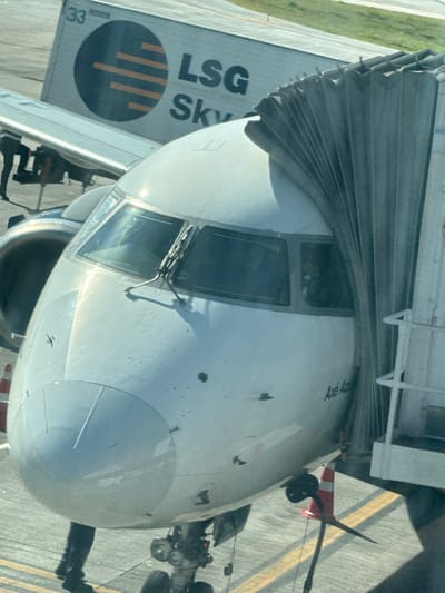 The image presents a detailed view of the cockpit and nose section of a white commercial passenger aircraft, identified by the partial text "Axé Azul" on its fuselage, indicative of a Brazilian airline. A flexible, accordion-style jet bridge is docked to the right side of the aircraft's forward cabin. Two windshield wipers are visible on the cockpit's front windows.
In the background, behind the aircraft's left wing, a white cargo trailer bearing the text "LSG Sky" and the number "33" is parked. This trailer features a dark circular logo with horizontal orange stripes. A ground crew member in dark clothing is standing on a mobile platform near the left wing, attending to the aircraft.
The foreground shows the aircraft's front landing gear on an asphalt tarmac, which has yellow painted lines. A red and white traffic cone is placed near the nose, with a black piece of ground equipment connected to the aircraft or positioned adjacent to the cone. The scene is outdoors under natural daylight.
This activity takes place at an airport in Rio de Janeiro, Brazil.