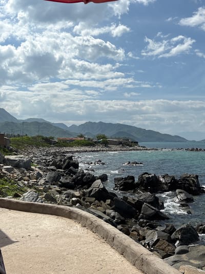 The image depicts a rocky coastline in Vĩnh Lương, Vietnam. A concrete path curves into the foreground, bordered by a low concrete wall. Beyond the path, a dense collection of dark, weathered rocks forms the immediate shoreline. The sea is visible to the right, with waves gently crashing against the rocks, creating white foam. In the mid-ground, more rocks lead to the water's edge, with some sparse green vegetation growing among them. In the distance, the coastline is lined with low buildings, some with terracotta roofs, and lush green hills rise behind them. The sky is a bright blue, filled with scattered white clouds. The overall scene is one of a natural coastal landscape with some signs of human habitation.