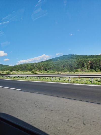The image depicts a highway scene with a dense, green forest covering rolling hills under a clear blue sky. A metal guardrail separates the road from the grassy embankment and the forest. The road itself is dark asphalt with a white line marking the lane. The perspective suggests the photo was taken from a moving vehicle, as indicated by the motion blur in the foreground. The overall environment is natural and rural. The location is identified as Eleshnitsa, Bulgaria, suggesting this highway passes through or near this area. There are no people visible in the image.