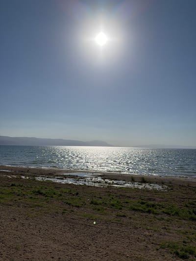 The image presents a sunlit landscape scene, capturing a wide view of a lake and its shoreline, likely Iznik Lake in Turkey. The perspective is oriented horizontally, with the sky dominating the upper portion, the lake in the middle, and the land in the foreground.

The bright sun is a prominent subject, positioned in the upper left of the sky, casting a strong glare and lens flare. The sky itself is a clear, pale blue to light gray, suggesting a sunny day. Below the sky, the expansive body of water, presumably a lake, stretches across the mid-ground. Its surface is highly reflective, intensely sparkling with countless sunlit glints, indicating calm but rippling waters. Faint outlines of distant mountains or hills are visible on the horizon line across the lake, partially obscured by atmospheric haze.

In the foreground, a dark, earthy shoreline or beach occupies the lower portion of the frame. This ground appears to be a mix of dark sand or mud, with scattered patches of green grass and other sparse vegetation. The water gently laps at the edge of this land, with some wet areas visible where the two meet. No human figures, animals, or artificial objects are visible, emphasizing the natural and untouched quality of the scene. The image conveys a bright, clear day, likely morning or late afternoon due to the sun's angle and strong reflections, offering a serene view of the natural environment. No visible text is present in the image.
