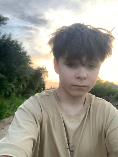 This is a selfie taken outdoors, with the subject, a young person with dark, messy hair, looking towards the camera. They are wearing a light-colored t-shirt. The background shows a hazy sky with warm, orange and yellow hues, suggesting it is either sunrise or sunset. Dense green trees are visible below the sky. The overall mood appears calm and natural, with the soft lighting contributing to a gentle atmosphere. The image appears to be taken in Gvardeysk, Russia.