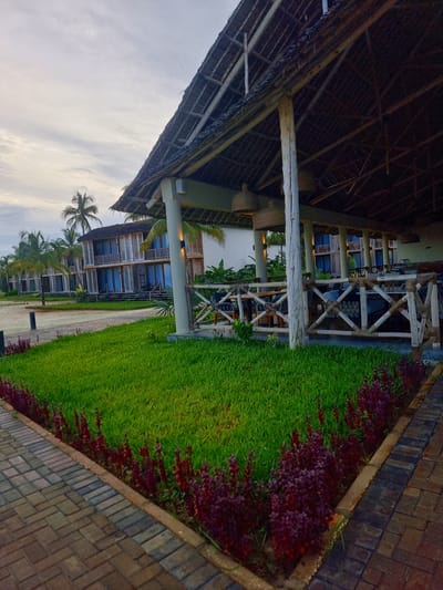 The image depicts an exterior view of a building in Zanzibar, Tanzania, characterized by its tropical architectural style. The building features a thatched roof supported by wooden beams and pillars. The exterior structure includes lattice-work railings, suggesting a veranda or open-air space. In front of the building, there is a manicured lawn with a flower bed along a brick pathway. Palm trees are visible in the background. The sky is overcast. The angle of the photograph is slightly tilted.