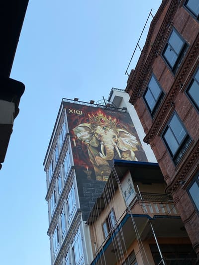 This image captures a low-angle perspective of an urban street scene in Kathmandu Metropolitan City, Nepal. Dominating the frame is a tall, multi-story building adorned with a vibrant mural of an elephant wearing a crown and ornate jewelry. The elephant is depicted in a stylized, almost divine manner, with a red background and fiery accents. Above the mural, the word "XIQI" is visible in large, white lettering.
To the right of this building, a narrower, older-looking structure with red brickwork and ornate detailing rises, featuring multiple windows. The contrast between the modern mural and the traditional architecture is striking. In the foreground and to the left, parts of other buildings are visible, adding to the dense urban feel. Electrical wires are strung across the scene, a common characteristic of city infrastructure. The sky above is a clear, pale blue. No people are clearly visible in the image. The overall impression is one of a bustling, culturally rich city where art and everyday life intertwine on building facades.