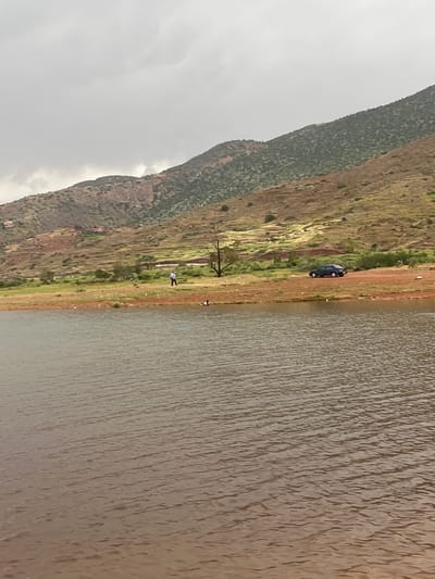 This image, taken in Bin El Ouidane, Morocco, captures a panoramic view of a reservoir or lake bordered by a mountainous landscape under an overcast sky.
The right half of the frame is filled by the expansive body of water, characterized by its brownish-grey hue and subtle ripples on the surface. A narrow, reddish-brown dirt path or bank runs alongside the water. Two individuals are visible on this bank: one person wearing a white top stands closer to the foreground, while another smaller figure is further down the path. A dark-colored car, appearing to be a sedan or SUV, is parked directly on this dirt path near the water's edge. A section of a bare tree trunk or branch is noticeable in the lower-left portion of the frame.
Beyond the shoreline, the terrain ascends into rolling hills and mountains. The immediate slopes show a mix of reddish-brown earth and sparse green vegetation. Further into the background, the mountains become more prominent and are densely covered with dark green foliage. The sky above is entirely overcast, appearing grey and cloudy, suggesting a muted daylight setting. The scene conveys a sense of natural tranquility, with human presence marked by the parked car and the two individuals on the bank. There is no visible text in the image.