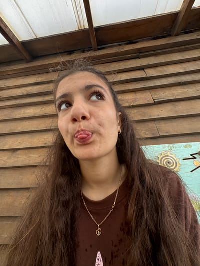 A medium shot captures a young woman with long, dark, wavy hair looking upwards and to her left, sticking out her tongue in a playful gesture. She is wearing a dark brown t-shirt and a delicate gold chain with a heart-shaped pendant. Her eyes are brown and her eyebrows are well-defined. The background consists of horizontal wooden planks, suggesting an outdoor or rustic indoor setting. Above the wooden planks, a translucent roof structure is visible, supported by wooden beams. A colorful, decorated board is partially visible on the right side of the image. The overall lighting is bright, illuminating the subject and her surroundings. The specific location in Zaliznychne, Ukraine is not discernible from the visual information in the image.