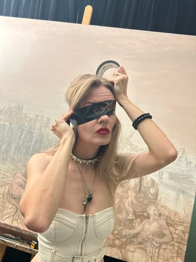 A woman with blonde hair, wearing a white corset, a black bracelet, and a spiked collar, is holding a roll of Duck Tape in front of her face. She is wearing a black mask over her eyes and has a nose ring and red lipstick. Behind her is an unfurnished room containing an artist's easel holding a work in progress. This location is in the city of Cape Coral, United States of America.