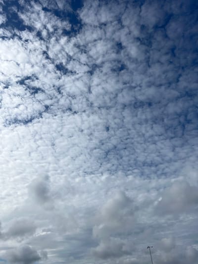 The image shows a sky filled with clouds. The upper portion of the sky is a deep blue, with scattered white clouds that appear to be altocumulus. These clouds are small and puffy, forming a textured pattern. As the eye moves down the image, the clouds become larger and more voluminous, transitioning to what appear to be cumulus and possibly stratocumulus formations. The lower part of the image is dominated by heavier, grayer clouds, suggesting a thicker cloud cover closer to the horizon. A tall, slender light post with two visible fixtures at the top is present in the lower right quadrant of the image. The scene appears to be an outdoor environment, likely a city or suburban area, given the presence of the light post. The angle of the shot is looking upwards, emphasizing the expanse of the sky and cloud formations. The specific location in Helsingborg, Sweden, cannot be determined solely from the provided image.
