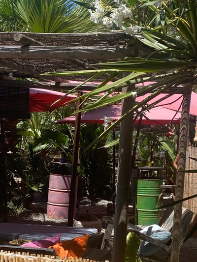 This image depicts an outdoor setting, likely a garden or patio area, with a tropical or Mediterranean vibe. The scene is filled with lush greenery, including palm fronds and other broad-leafed plants, suggesting a warm climate. In the foreground, a wooden post is adorned with rope and small, clear decorative globes, possibly lights.
Various objects are visible throughout the scene. There are large, brightly colored cylindrical objects, one appearing to be a green barrel and another a faded pink barrel, suggesting repurposed elements. Fabric elements, such as draped pink and red cloths, add to the colorful and bohemian atmosphere. In the background, a bamboo-like screen and wooden structures imply an outdoor lounge or decorative area. Cushions in orange and pink hues are visible, contributing to a relaxed and inviting ambiance.
The lighting suggests it is daytime, with bright sunlight casting shadows, creating a dappled effect through the foliage and structures. The overall mood is one of casual relaxation and vibrant, natural beauty. There is no visible text in the image. The setting evokes a sense of being in a secluded, summery escape, possibly a resort or a well-decorated private outdoor space in a location like Estepona, Spain, given the tropical plants and the clear, bright light. No people or specific activities are discernible, focusing the attention on the arrangement of natural and man-made elements.