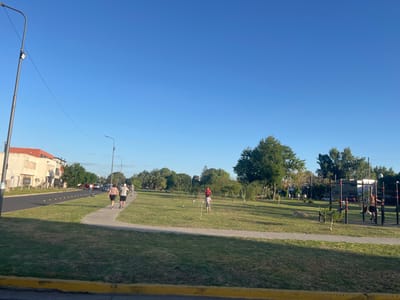 This image captures an outdoor recreational area within Partido de Quilmes, Argentina, under a clear, cloudless blue sky, indicative of daylight. The scene is illuminated by natural light, casting long shadows towards the left, suggesting either morning or late afternoon.
On the left side of the frame, a dark paved road with yellow dotted markings runs parallel to a grassy median. Several vehicles are visible on this road in the mid-distance. Beyond the road, a line of light-colored, multi-story buildings with some visible reddish roofs forms the urban background. Multiple black streetlights with overhead power lines are positioned along the road and the park's edge, with one prominent pole in the far left foreground.
A light-gray paved pedestrian pathway diagonally traverses the scene, separating the road from a large green park area. Four individuals are observed walking along this path, moving away from the camera. The two closest figures are an adult female wearing a dark top and light shorts, and an adult male in a light shirt and dark shorts.
The central and right portions of the image consist of a wide expanse of green, somewhat dry grass, dotted with numerous mature trees including both deciduous and palm varieties. In the mid-ground, on the right side of the park, a black and red metal outdoor calisthenics exercise structure is present. A shirtless male individual, wearing dark shorts, is actively engaged in exercise on this equipment, hanging from a bar. Further left in the park, an individual in a red shirt is visible near some low, curved park structures, and several other indistinct figures are scattered across the grassy area. A narrow strip of grass with a yellow curb is visible in the immediate foreground.