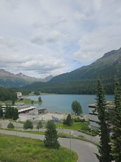 An elevated, wide-angle, landscape-orientation, daytime, eye-level shot captures a serene view of the St. Moritz lake in St. Moritz, Switzerland. The tranquil, blue lake dominates the center of the frame, bordered by a dense, dark green forest that blankets the foothills of majestic, rugged mountains in the background. The sky above is a soft, cloudy gray, with patches of blue peeking through.
Along the lakeshore, a resort-like setting unfolds. A large, light-colored hotel with multiple windows and a red-tiled roof is prominently situated on a grassy incline. Adjacent to the hotel, a series of modern, flat-roofed buildings with glass facades and stone exteriors line the water's edge. These structures appear to house businesses or recreational facilities, with several people visible on patios and walkways. Boats are docked in a marina area, and flags flutter in the breeze.
In the foreground, a paved road with a metal guardrail curves through a lush, green landscape dotted with trees and grass. Several streetlights are visible along the road. The overall impression is one of a peaceful, picturesque mountain resort town.